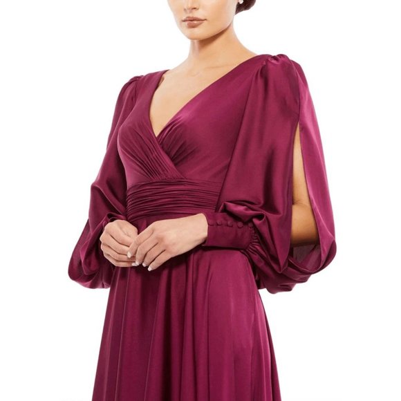 NWT Mac Duggal $398 FLOWY SPLIT BISHOP SLEEVE FAUX WRAP GOWN 67847 WINE - Picture 2 of 5
